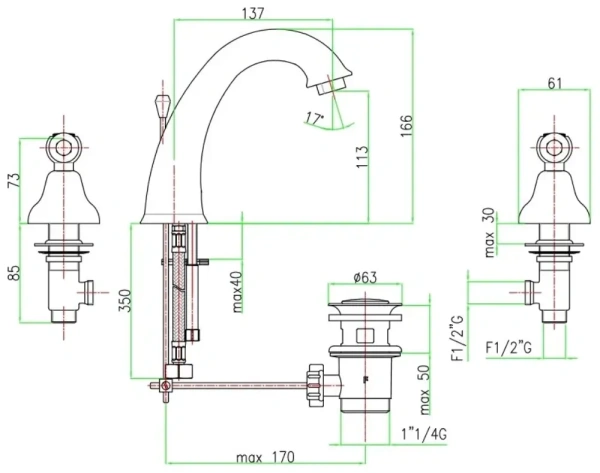 Смеситель для раковины на 3 отверстие Fiore02ZZ0628